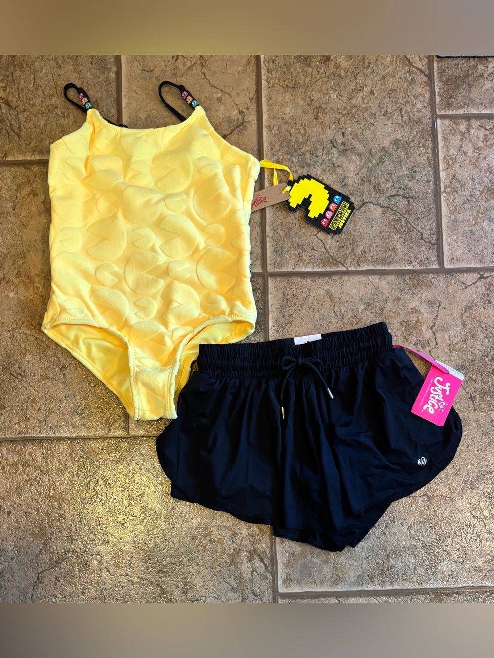 NWT Justice *Bundle of 2* girls Pacman swimsuit and Flutter shorts sz 7/8